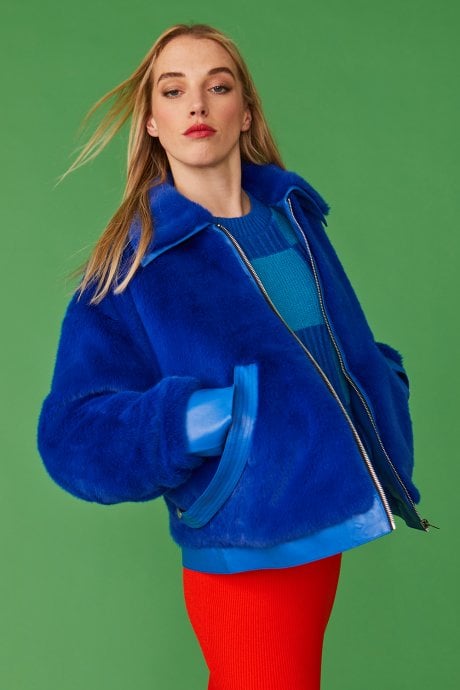 JAYLEY Blue Faux Fur Bomber Jacket
