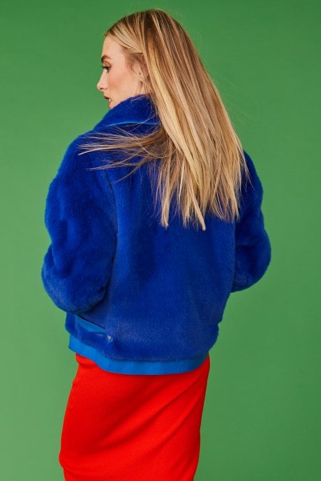 JAYLEY Blue Faux Fur Bomber Jacket