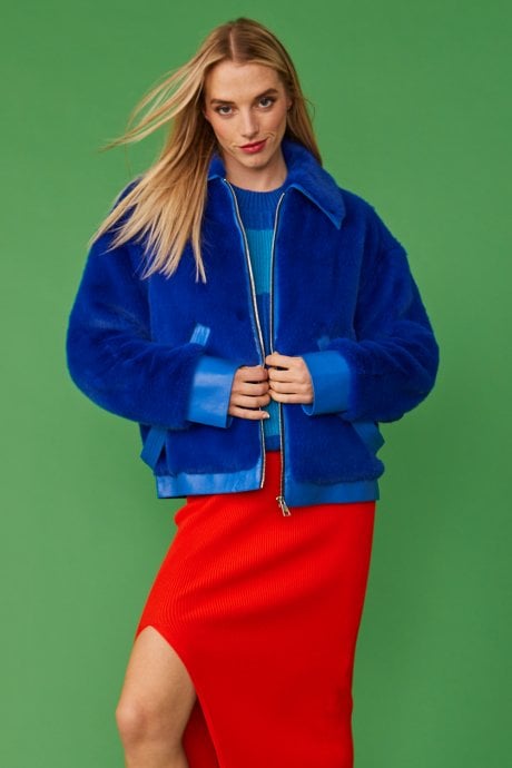 JAYLEY Blue Faux Fur Bomber Jacket