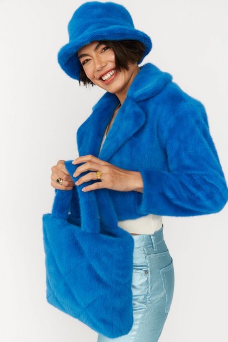 JAYLEY Blue Faux Fur Cropped Jacket