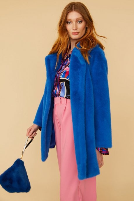 JAYLEY Blue Faux Fur Duchess Midi Coat