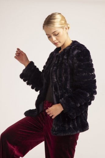 JAYLEY Blue Faux Fur Faux Suede Coat