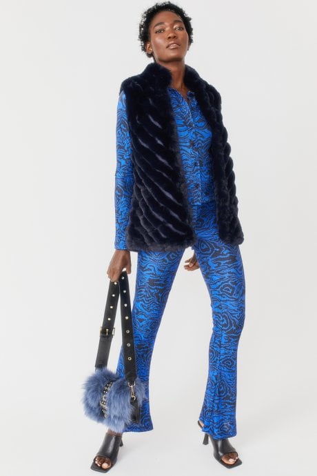 JAYLEY Blue Faux Fur Faux Suede Diagonal Stripe Gilet | Waistcoat