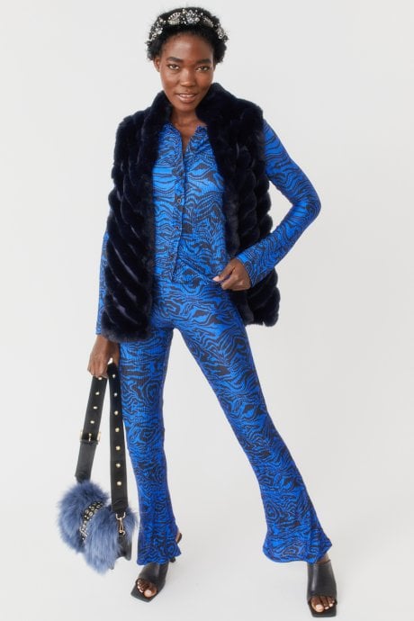 JAYLEY Blue Faux Fur Faux Suede Diagonal Stripe Gilet | Waistcoat