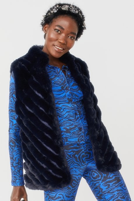 JAYLEY Blue Faux Fur Faux Suede Diagonal Stripe Gilet | Waistcoat