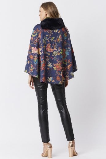 JAYLEY Blue Faux Fur Faux Suede Poncho