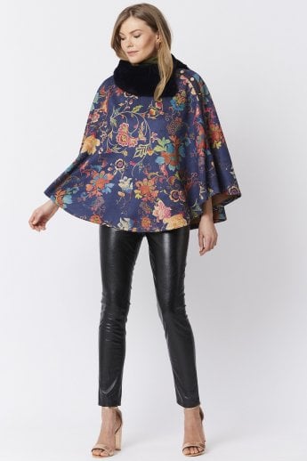 JAYLEY Blue Faux Fur Faux Suede Poncho