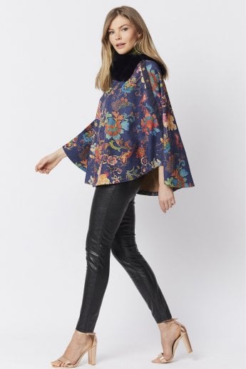 JAYLEY Blue Faux Fur Faux Suede Poncho