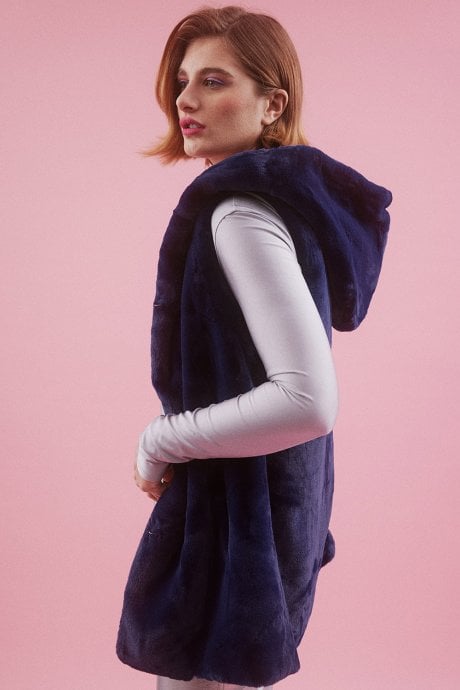 JAYLEY Blue Faux Fur Hooded Gilet | Waistcoat