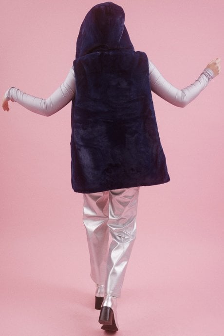 JAYLEY Blue Faux Fur Hooded Gilet | Waistcoat