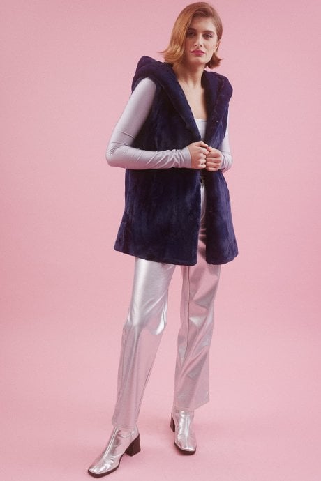 JAYLEY Blue Faux Fur Hooded Gilet | Waistcoat