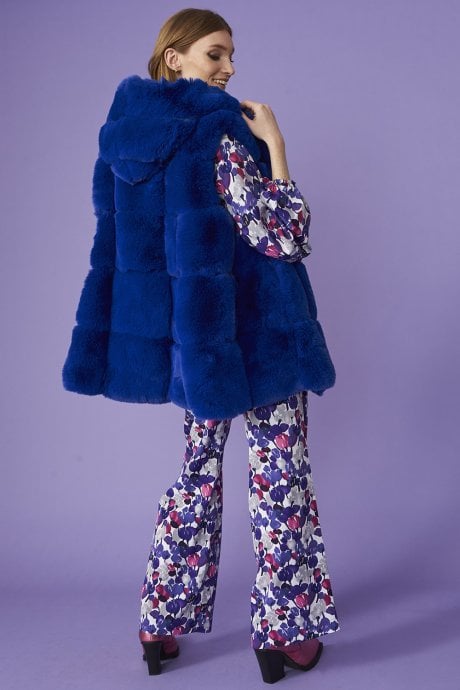 JAYLEY Blue Faux Fur Long Hooded Gilet | Waistcoat