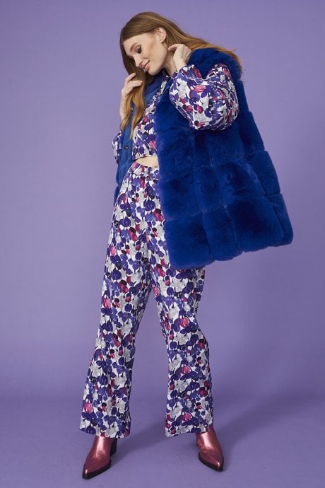 JAYLEY Blue Faux Fur Long Hooded Gilet | Waistcoat