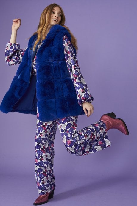 JAYLEY Blue Faux Fur Long Hooded Gilet | Waistcoat