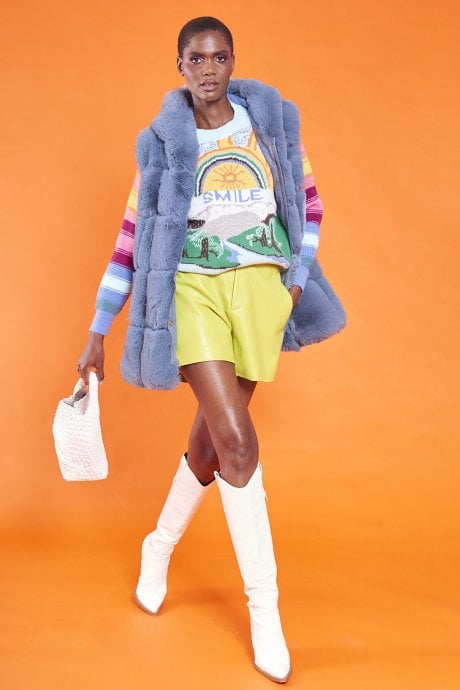 JAYLEY Blue Faux Fur Long Hooded Gilet | Waistcoat