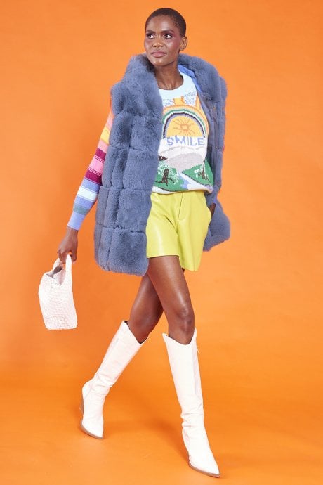 JAYLEY Blue Faux Fur Long Hooded Gilet | Waistcoat