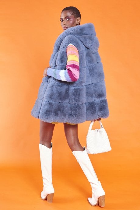 JAYLEY Blue Faux Fur Long Hooded Gilet | Waistcoat
