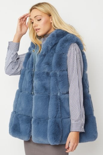 JAYLEY Blue Faux Fur Long Hooded Gilet | Waistcoat