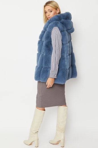 JAYLEY Blue Faux Fur Long Hooded Gilet | Waistcoat