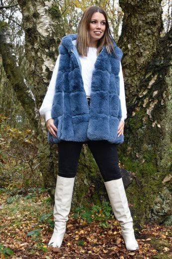 JAYLEY Blue Faux Fur Long Hooded Gilet | Waistcoat