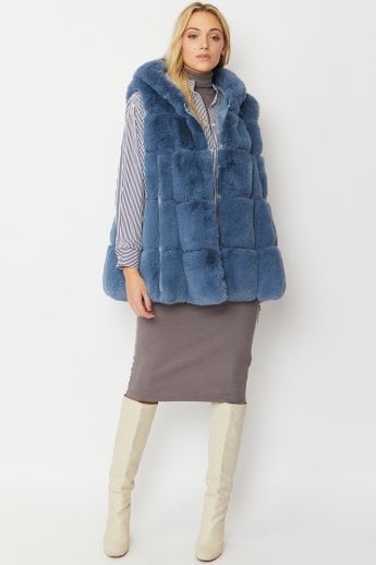 JAYLEY Blue Faux Fur Long Hooded Gilet | Waistcoat