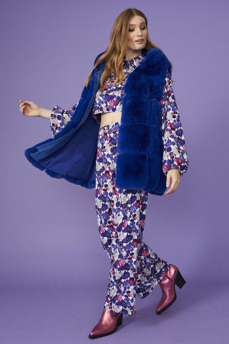 JAYLEY Blue Faux Fur Long Hooded Gilet | Waistcoat