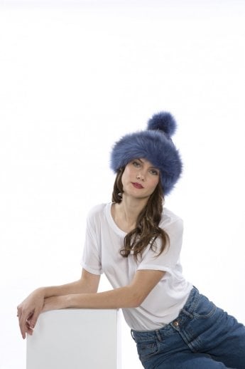 JAYLEY Blue Faux Fur Pom Pom Hand Knit Hat