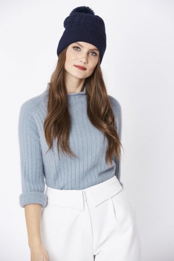 JAYLEY Blue Faux Fur Pom Pom Hat