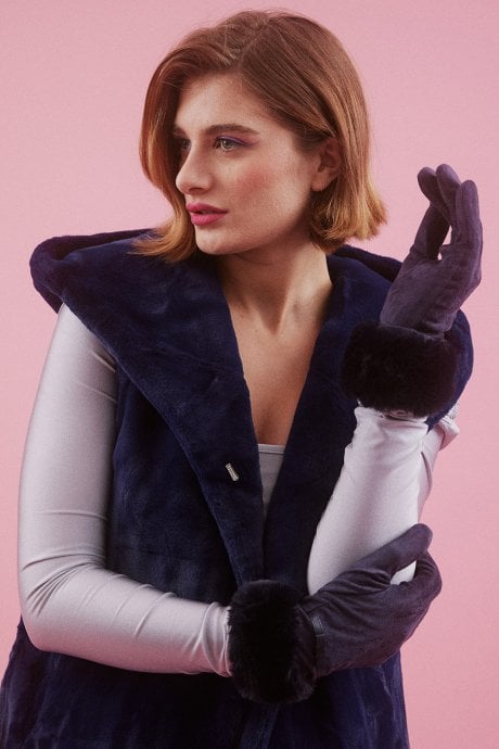 JAYLEY Blue Faux Fur Trim Faux Suede Gloves