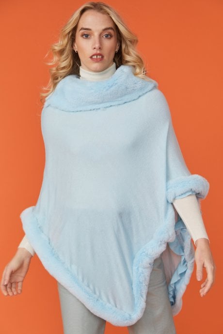 JAYLEY Blue Faux Fur Trim Poncho