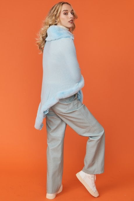 JAYLEY Blue Faux Fur Trim Poncho