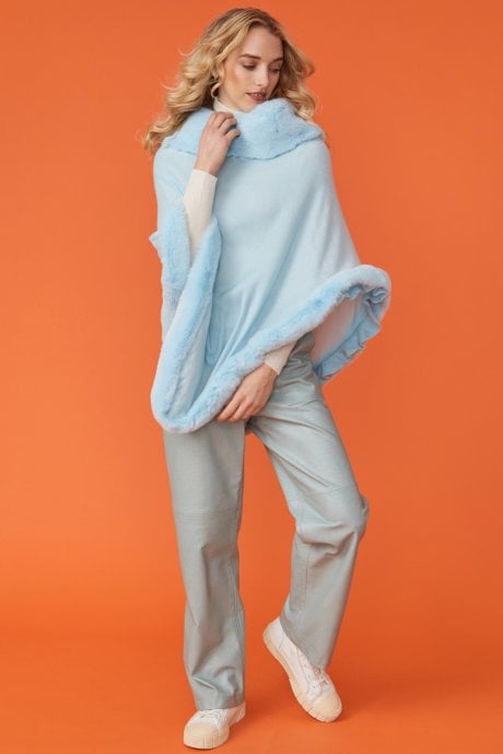 JAYLEY Blue Faux Fur Trim Poncho
