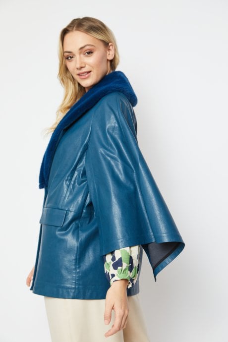 JAYLEY Blue Faux Leather Cape Jacket Detachable Collar