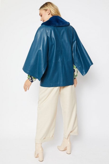 JAYLEY Blue Faux Leather Cape Jacket Detachable Collar