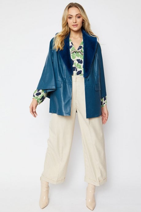 JAYLEY Blue Faux Leather Cape Jacket Detachable Collar