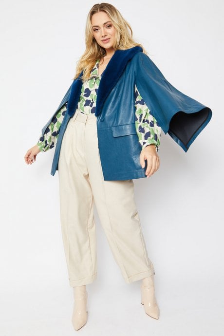 JAYLEY Blue Faux Leather Cape Jacket Detachable Collar