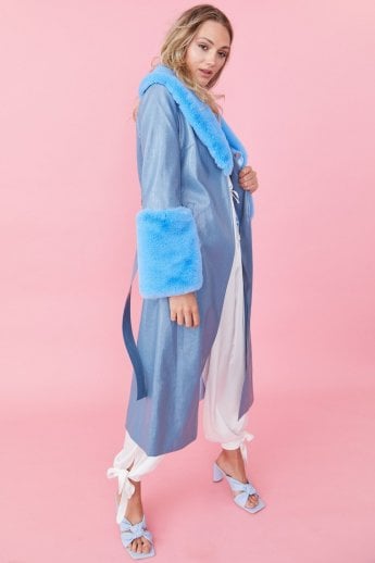 JAYLEY Blue Faux Leather Jacket With Detachable Faux Fur Cuffs & Collar