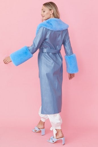 JAYLEY Blue Faux Leather Jacket With Detachable Faux Fur Cuffs & Collar