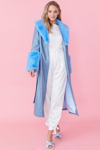 JAYLEY Blue Faux Leather Jacket With Detachable Faux Fur Cuffs & Collar
