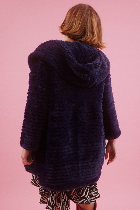 JAYLEY Blue Faux Mink Fur Hooded Coat