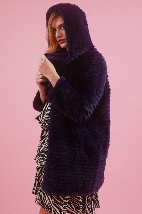 JAYLEY Blue Faux Mink Fur Hooded Coat