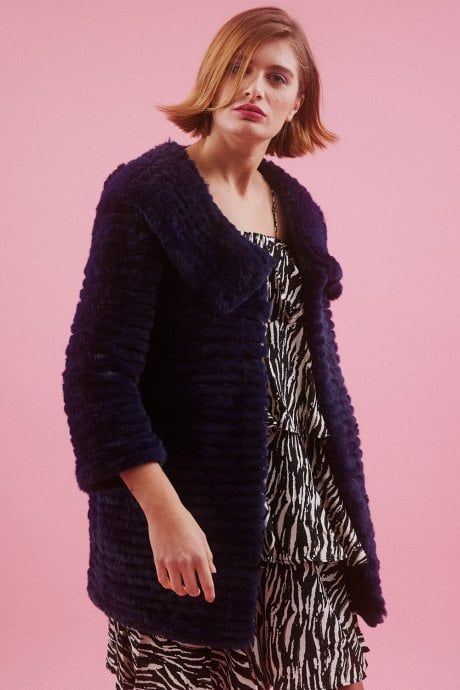 JAYLEY Blue Faux Mink Fur Hooded Coat