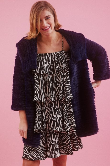 JAYLEY Blue Faux Mink Fur Hooded Coat