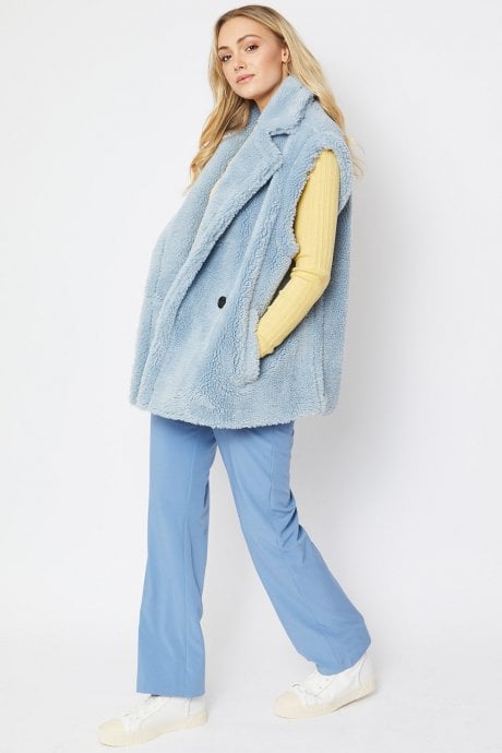 JAYLEY Blue Faux Shearling Midi Gilet | Waistcoat