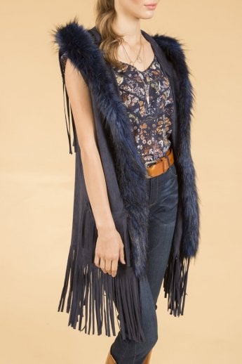 JAYLEY Blue Faux Suede and Faux Fur Gilet | Waistcoat