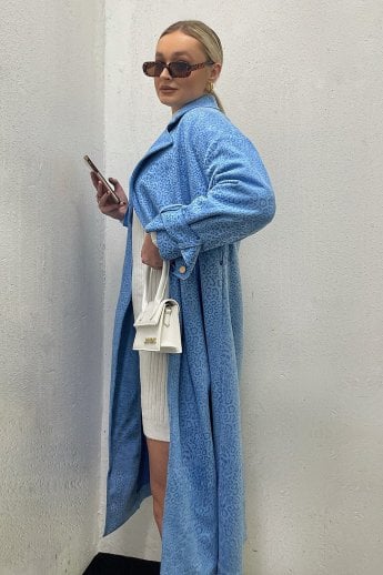 JAYLEY Blue Faux Suede Animal Print Trench Coat