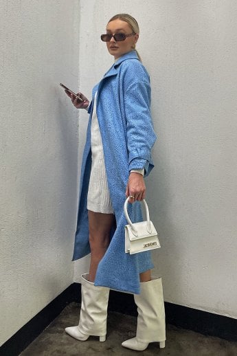 JAYLEY Blue Faux Suede Animal Print Trench Coat