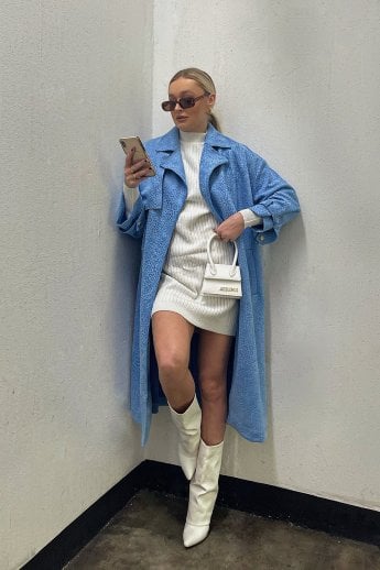 JAYLEY Blue Faux Suede Animal Print Trench Coat