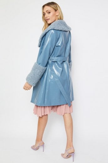 JAYLEY Blue Faux Suede Aurora Coat With Faux Shearling Cuff & Collar