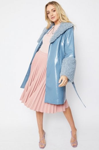 JAYLEY Blue Faux Suede Aurora Coat with Faux Shearling Cuff & Collar